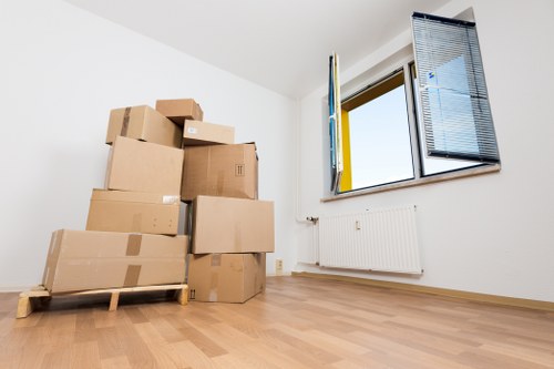 Organized storage space with labeled boxes